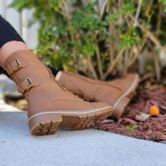 Women's Tan Lace up and Ankle Mid Calf Combat Boots - Picture 7 of 7